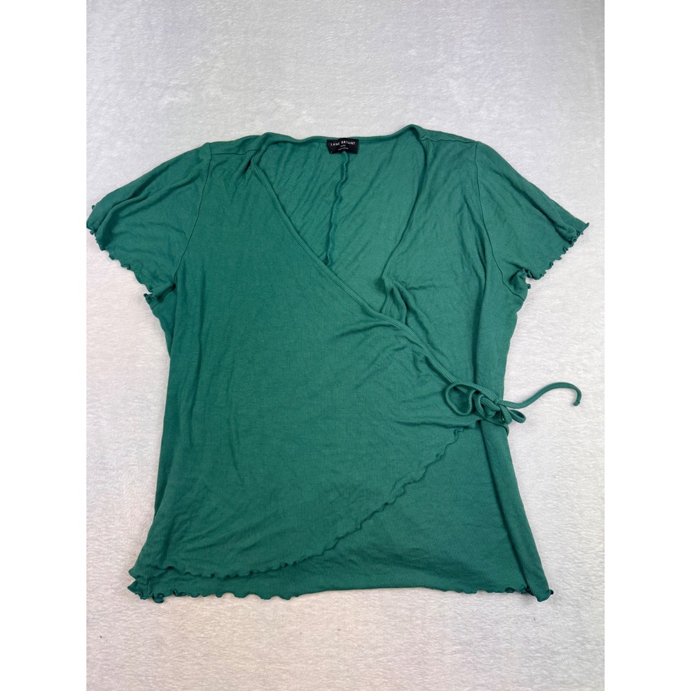 Lane Bryant Green Ribbed Wrap Top Short Sleeve Lettuce Trim Plus Size 22/24